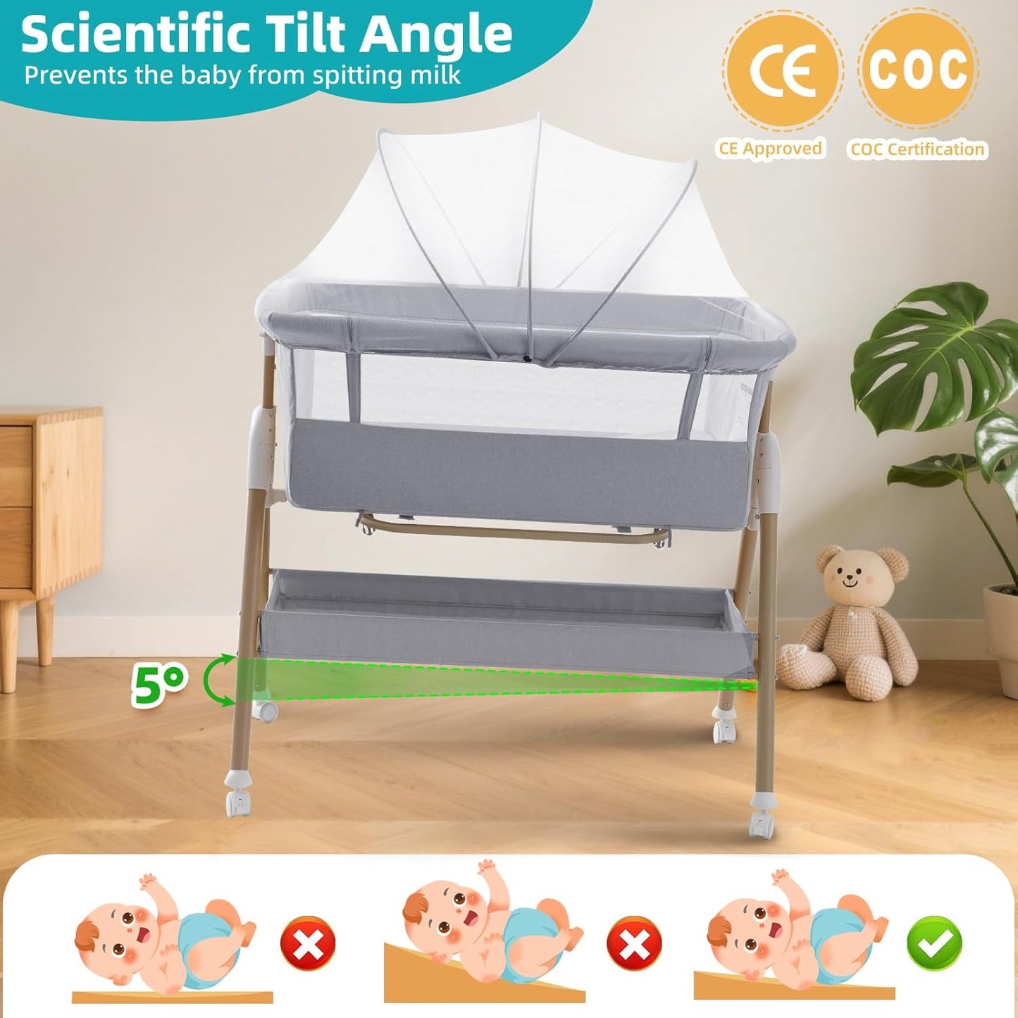 Cozydwells 3 in 1 baby beside crib with scientific tilt angle feature to prevent spitting milk