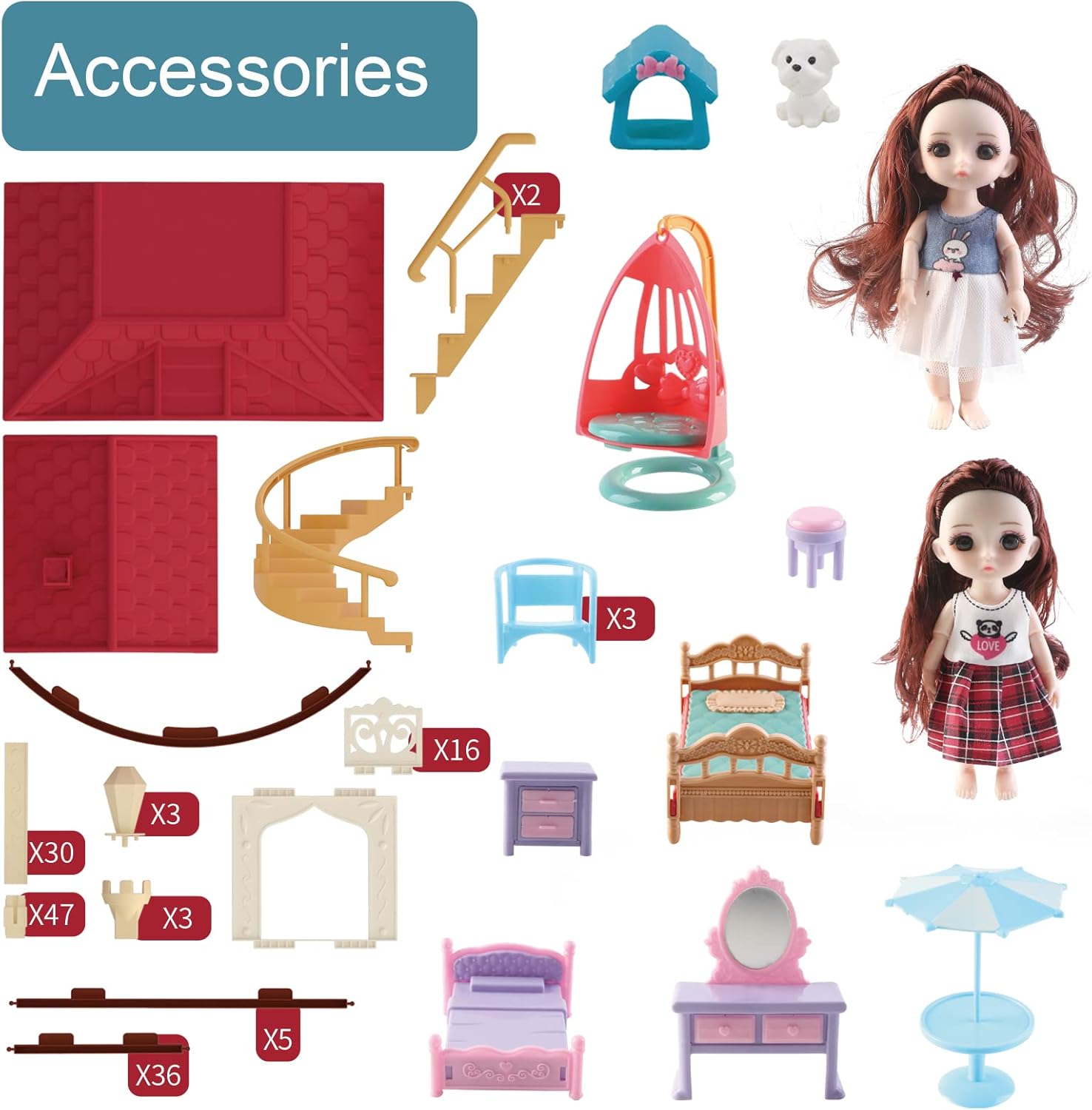 deAO Toys 3 story dolls house with furniture including dolls, beds, and accessories for imaginative play