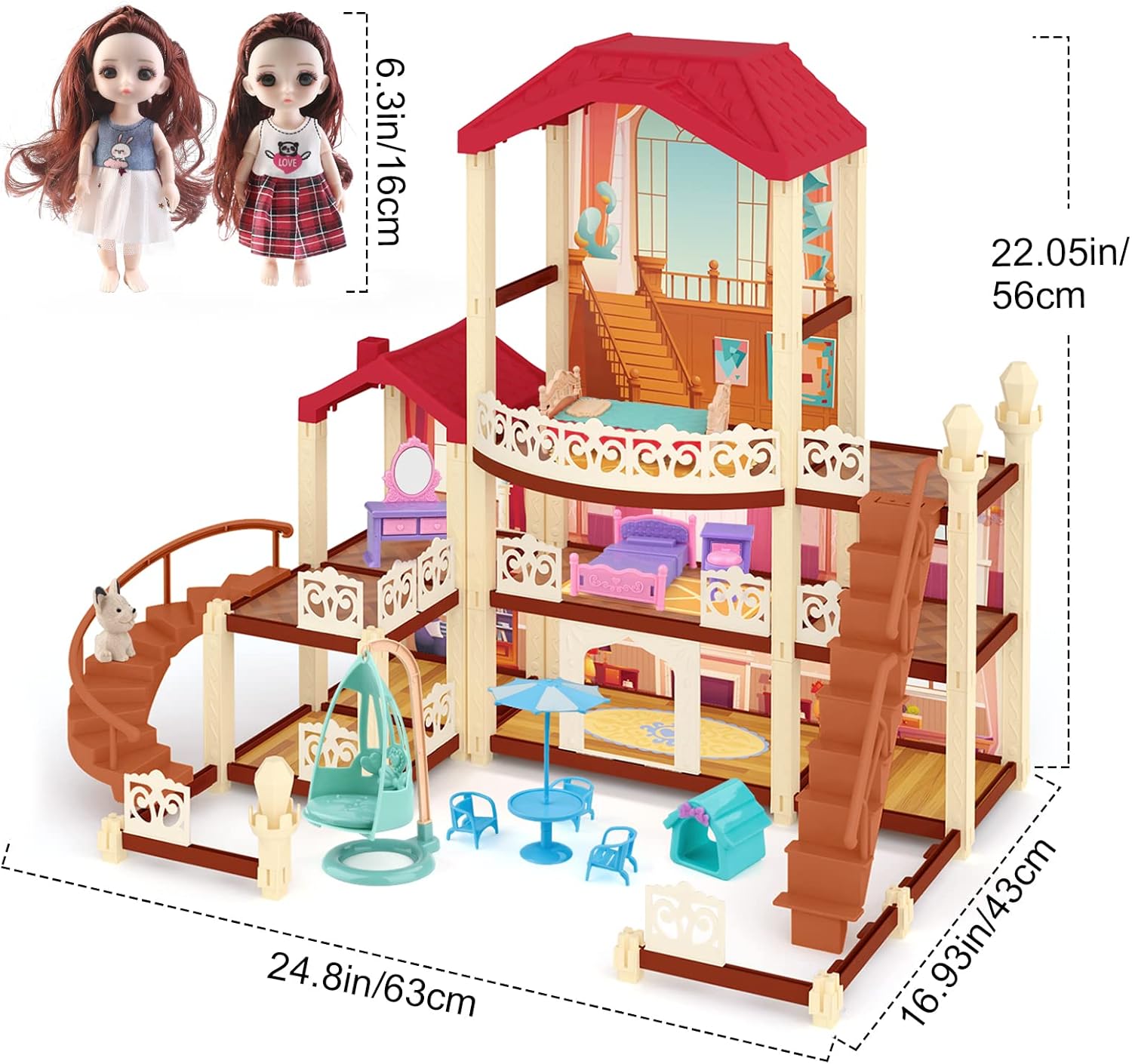 deAO Toys 3 story dolls house with furniture featuring multiple rooms and accessories for imaginative play