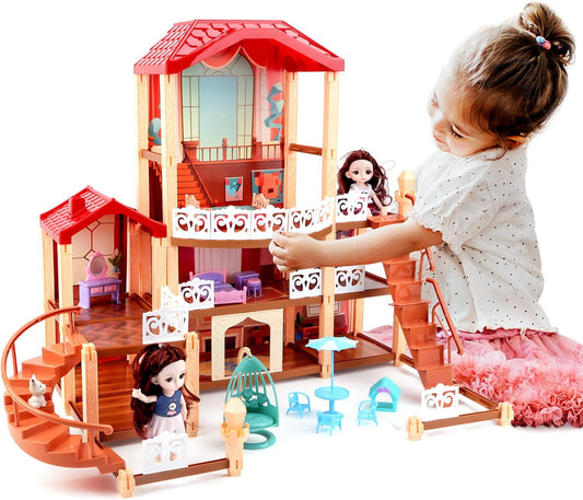 Child playing with a deAO Toys 3 story dolls house with furniture featuring detailed rooms and accessories