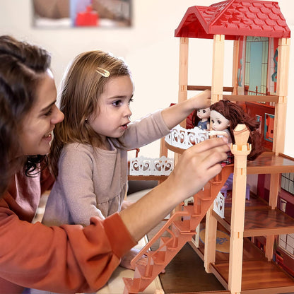 Child and adult playing with a 3 story dolls house with furniture, featuring multiple rooms and a staircase