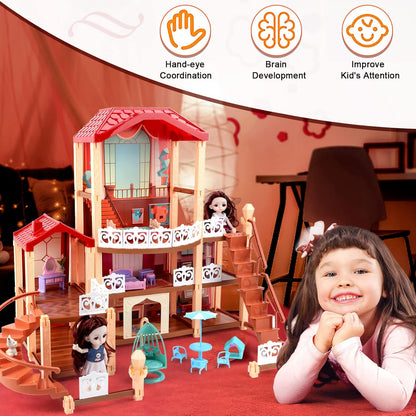 DeAO Toys 3 story dolls house with furniture featuring dolls, chairs, and a vibrant play area
