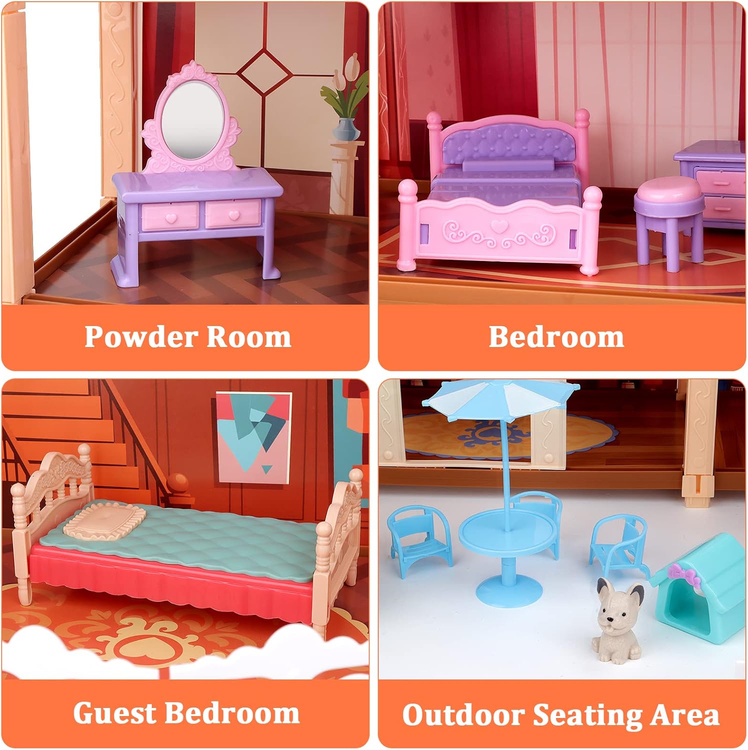 deAO Toys 3 story dolls house with furniture showcasing bedroom, guest room, and outdoor seating area
