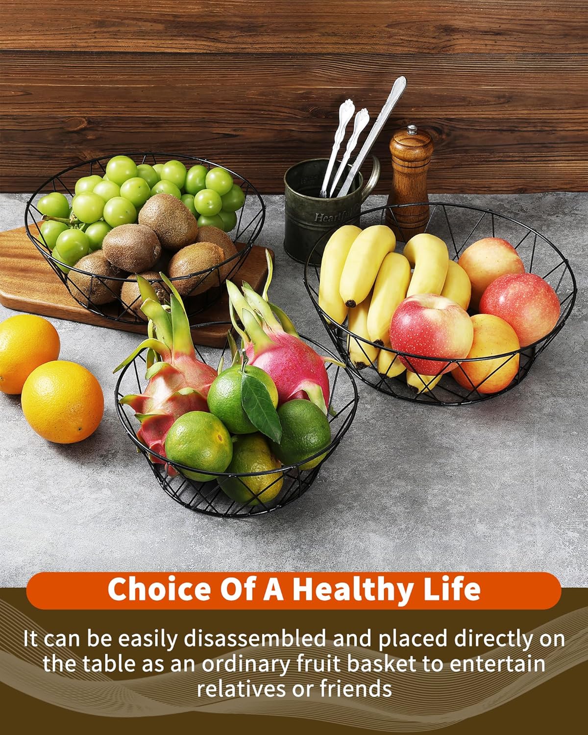 3 tier hanging fruit basket with assorted fruits including bananas, apples, and limes for a healthy kitchen display