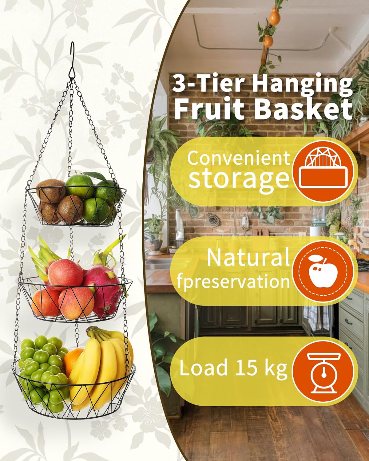 3 tier hanging fruit basket providing convenient storage for various fruits in a stylish kitchen setting