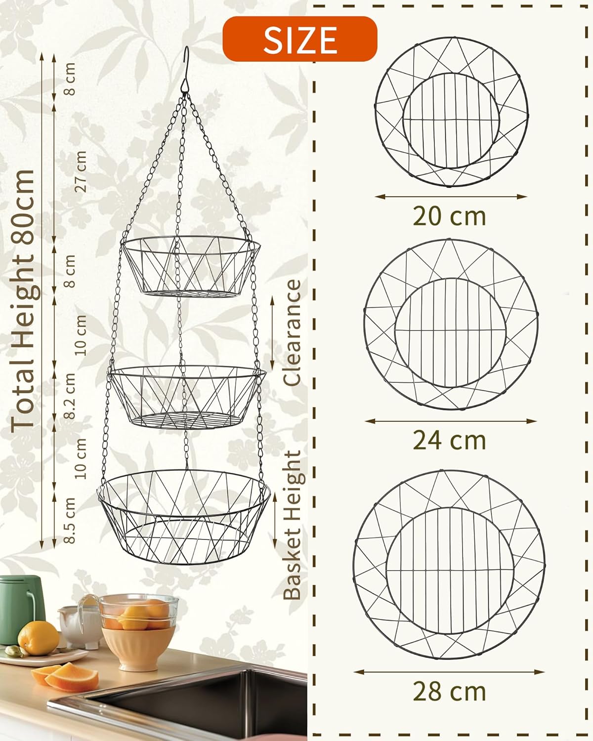 3 tier hanging fruit basket in metal design, perfect for displaying fruits in your kitchen