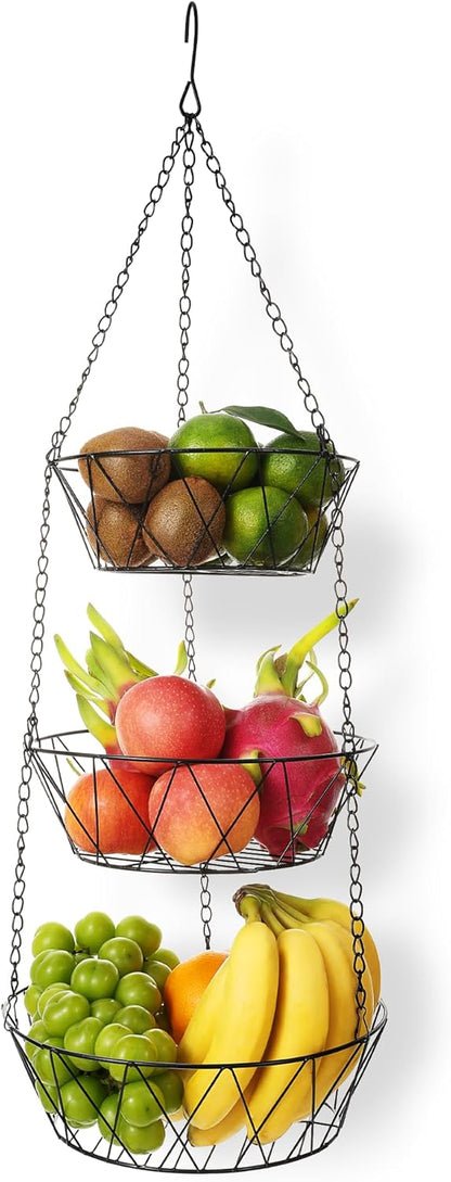 3 tier hanging fruit basket with versatile compartments for organising fresh fruits