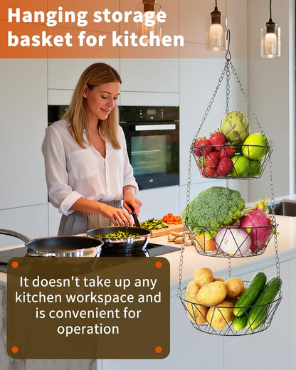 3 tier hanging fruit basket in kitchen with fresh vegetables and fruits for convenient storage and organisation