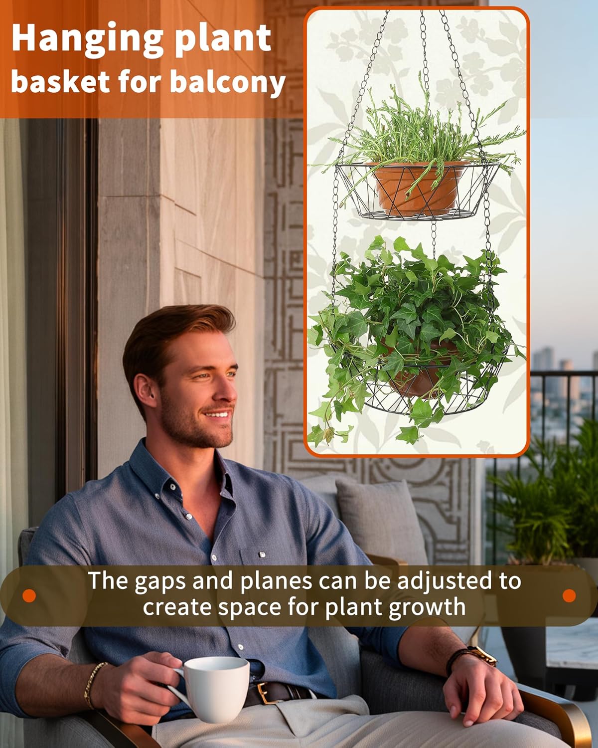 3 tier hanging fruit basket designed for balconies, featuring adjustable gaps for plant growth