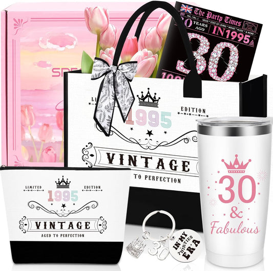 Awrmoo 30th birthday gifts for women including a vintage tote, tumbler and keychain set