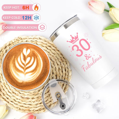 Awrmoo 30th birthday gifts for women, insulated tumbler with crowned 30 and Fabulous design on woven mat