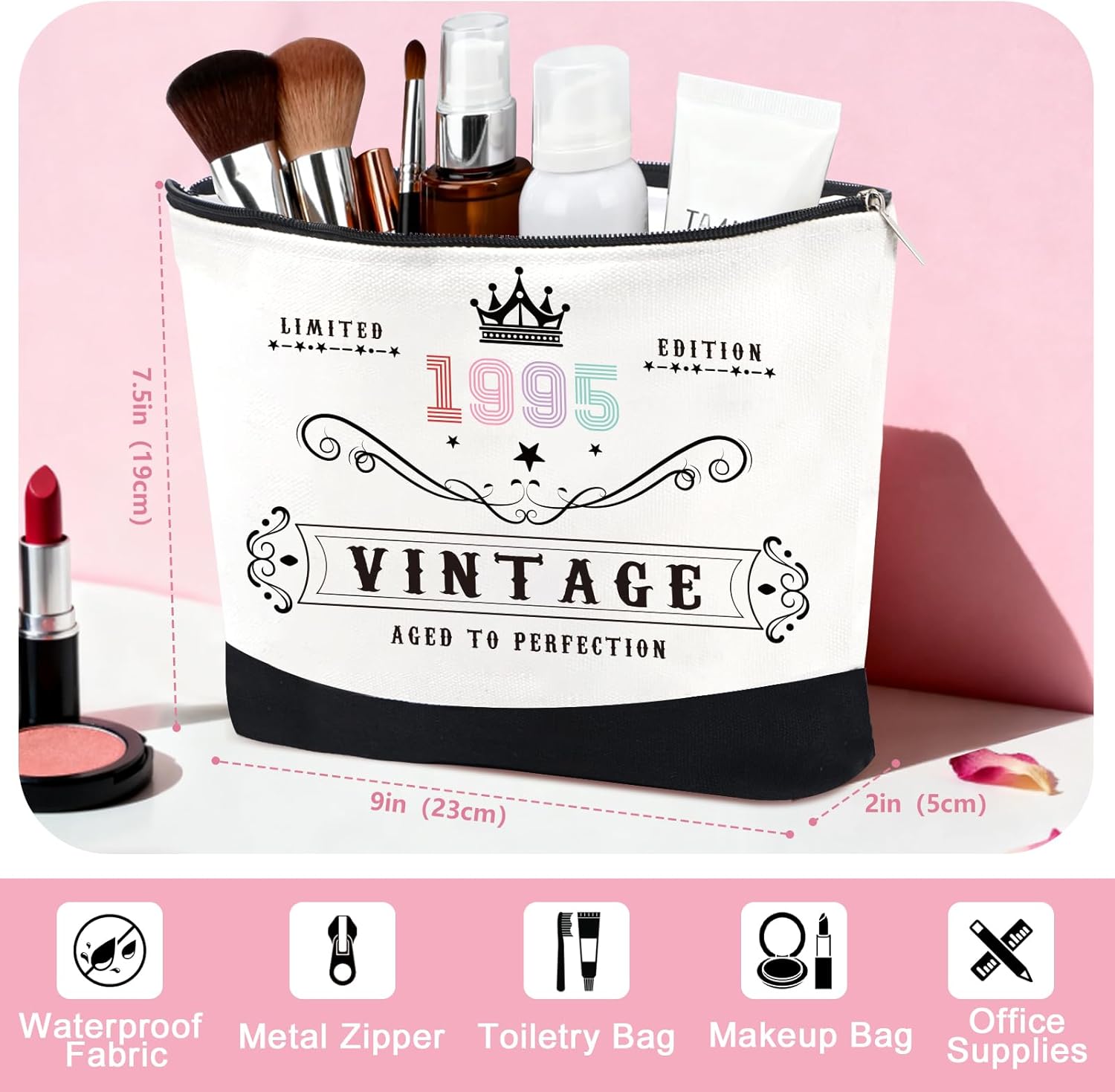 Awrmoo Vintage 1995 Makeup Bag with Waterproof Fabric for 30th birthday gifts for women