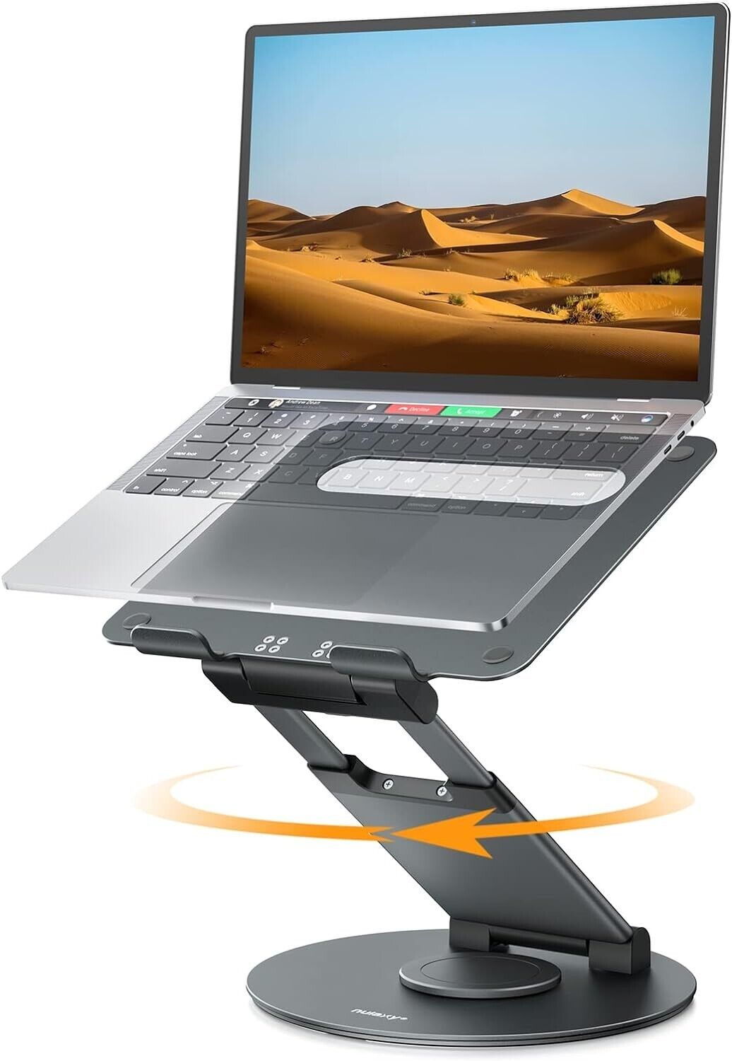 360 rotating laptop stand in black with adjustable height for optimal viewing angles and comfort