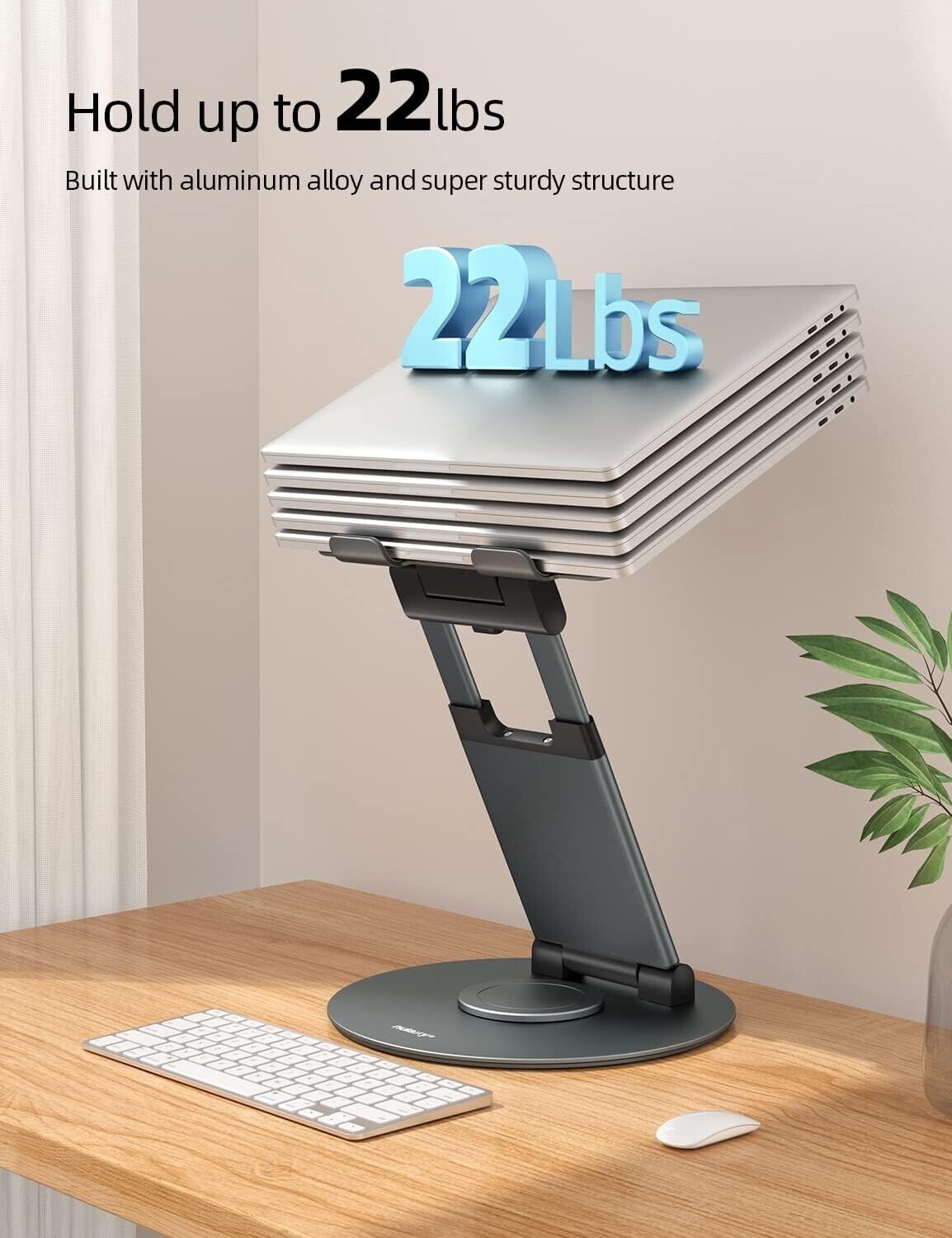 360 rotating laptop stand capable of holding up to 22lbs, made from sturdy aluminium alloy