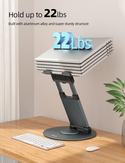 360 rotating laptop stand capable of holding up to 22lbs, made from sturdy aluminium alloy
