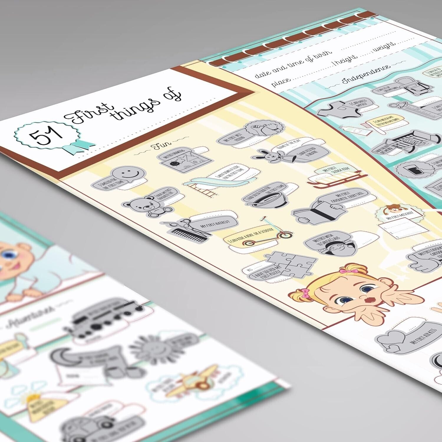 Educational chart featuring 51 first things for early learning with cute illustrations and text