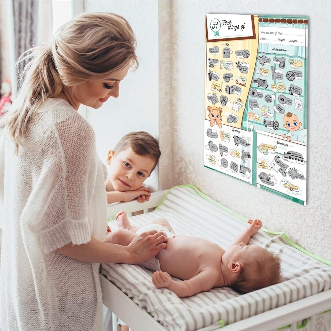 Mother and child at a changing station with educational chart for infants from The Trading Warehouse