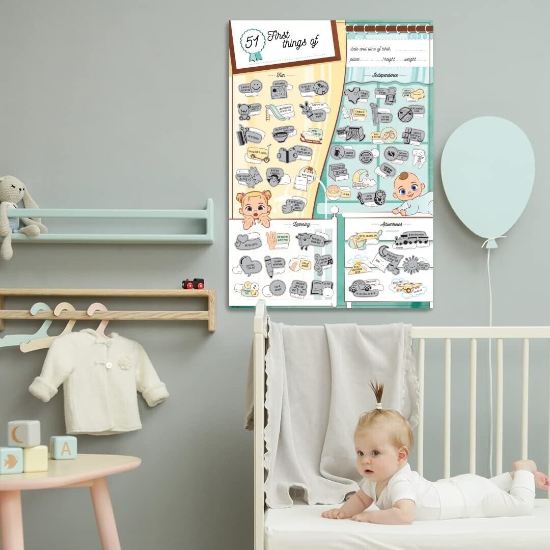 Educational wall art print showing 51 first things for children in a nursery, featuring playful illustrations