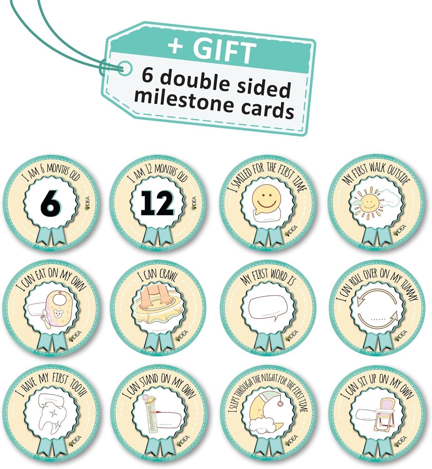 Set of 6 double-sided milestone cards for babies featuring growth milestones and achievements