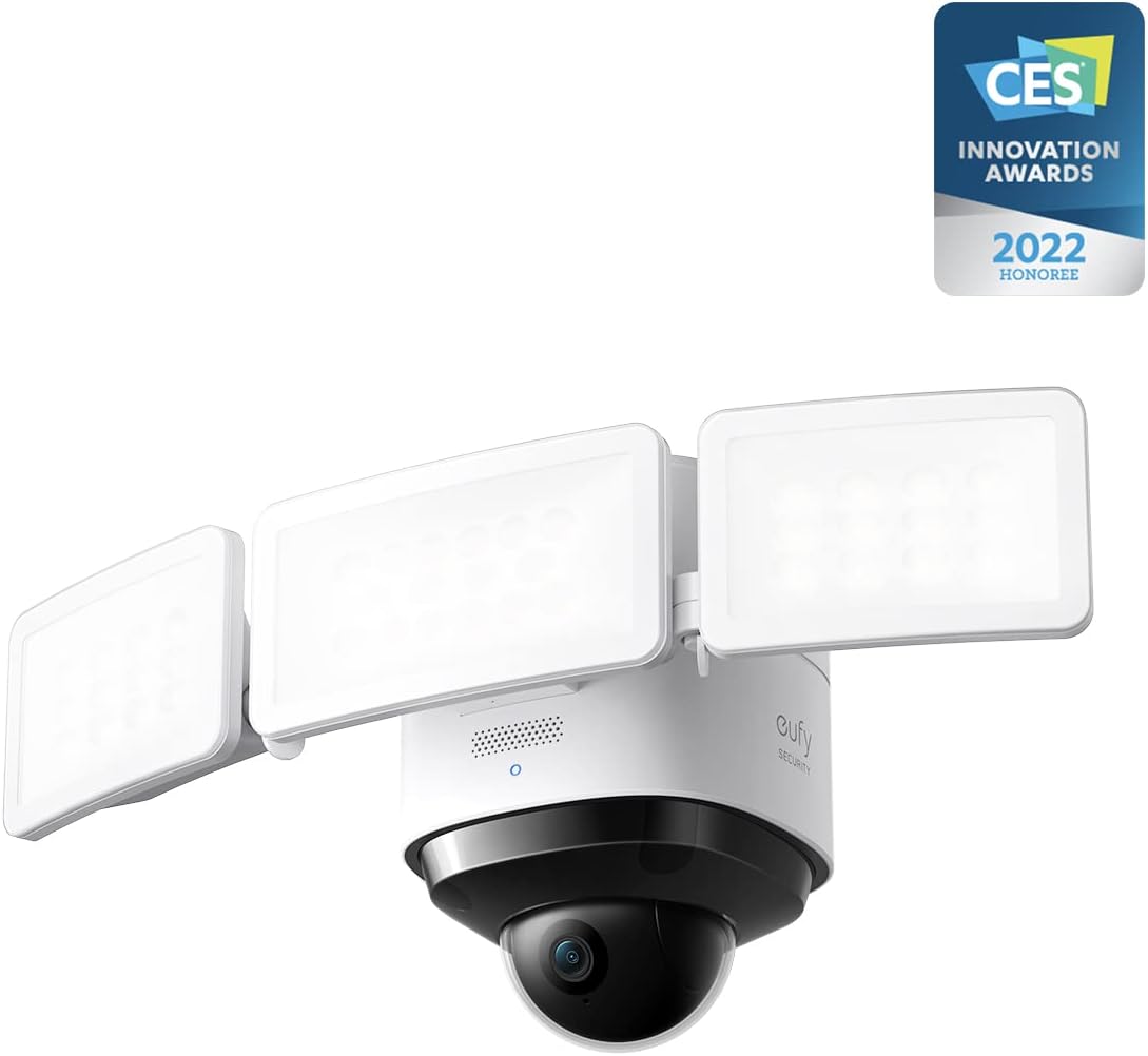 eufy Security Floodlight Cam S330, 360-Degree Pan & Tilt Coverage, 2K Full HD, 3,000 Lumens, Weatherproof, On-Device AI Subject Lock and Tracking, No Monthly Fee, Hardwired