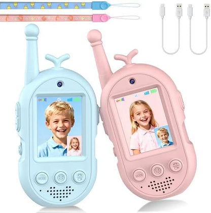 Kids Video Walkie Talkies 2 Pack, Rechargeable Walkie Talkies with Voice Changer & Sticker Effect, Long Range Video Intercom for Indoor Outdoor Games, Birthday Gifts for 3-10 Year Old Boys Girls