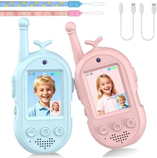 Kids Video Walkie Talkies 2 Pack, Rechargeable Walkie Talkies with Voice Changer & Sticker Effect, Long Range Video Intercom for Indoor Outdoor Games, Birthday Gifts for 3-10 Year Old Boys Girls