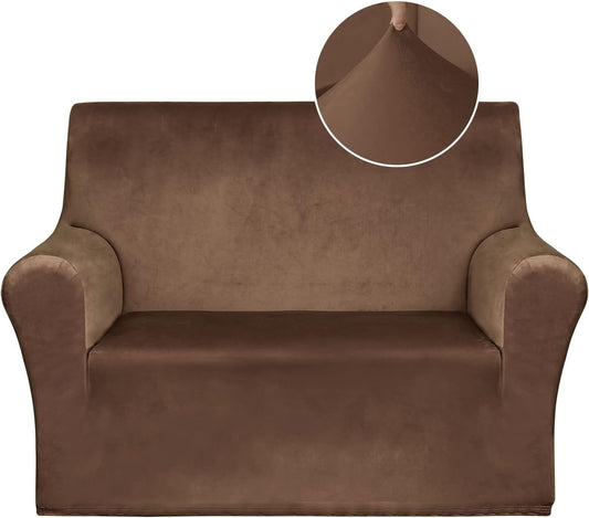 Pretty Jolly Velvet Loveseat Cover Super Soft 1-piece Chocolate Slipcover for Loveseats Stretch Universal