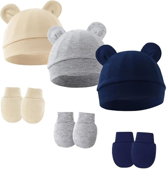 Newborn Baby Beanie Hat and Gloves (3pcs Baby Hats Caps & 3 Pairs Baby Mittens Gloves)