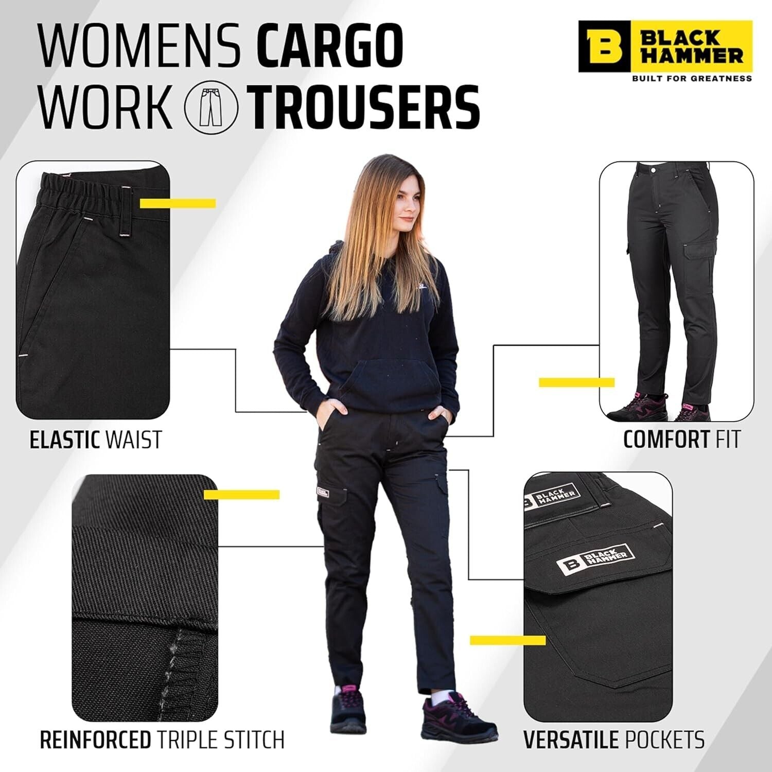 Black Hammer Women's Cargo Work Trousers With Multi Pockets (Size 14, 30" Leg)