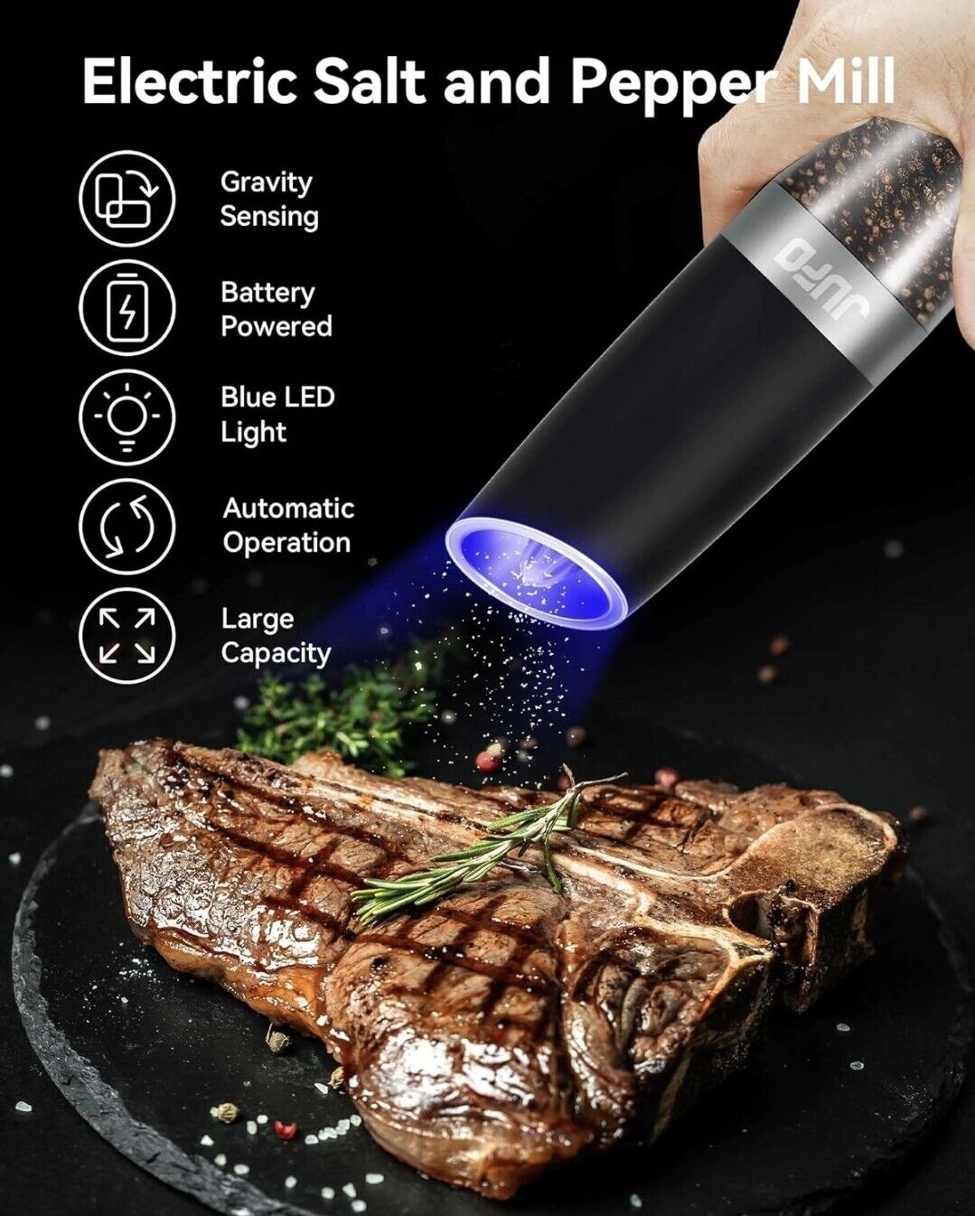 JUFO Gravity Electric Salt or Pepper Grinder with LED Light, Adjustable...