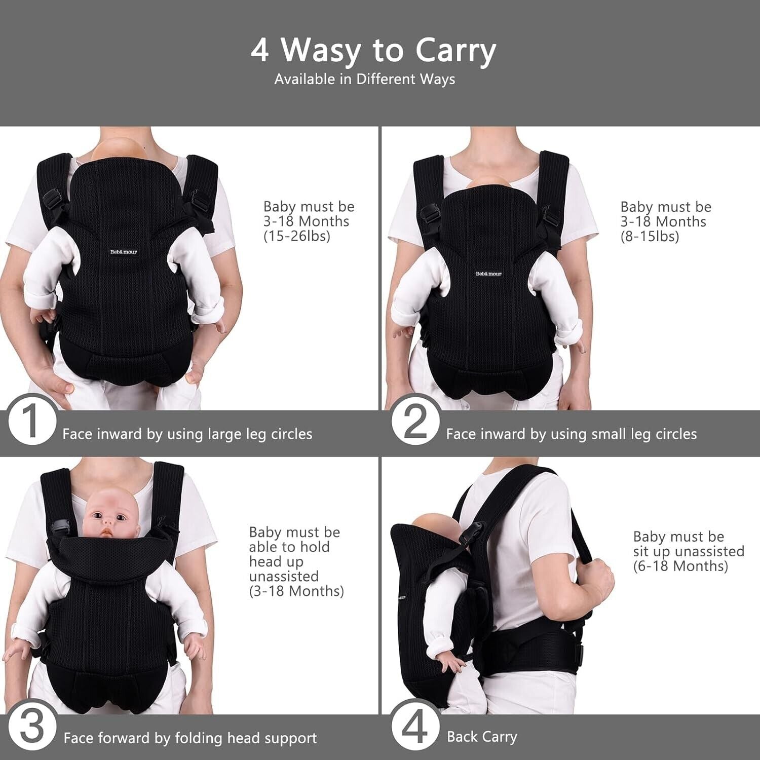 Bebamour Baby Carrier Front and Back Baby Carrier with 2 Shoulder Bibs, Black