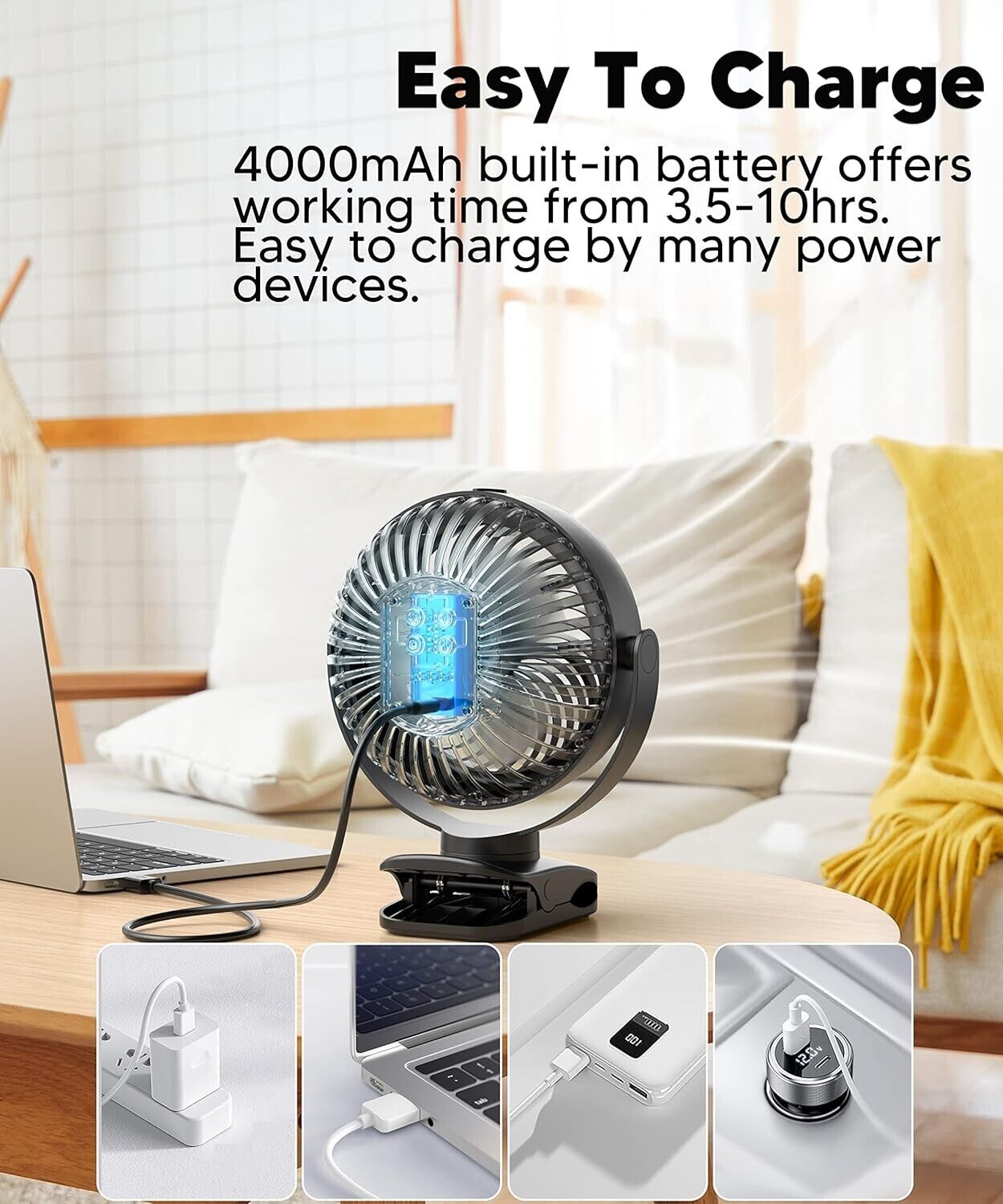 POWERbeast Clip On Fan, 4000mAh Portable Pram Fan, 7'' Fan USB