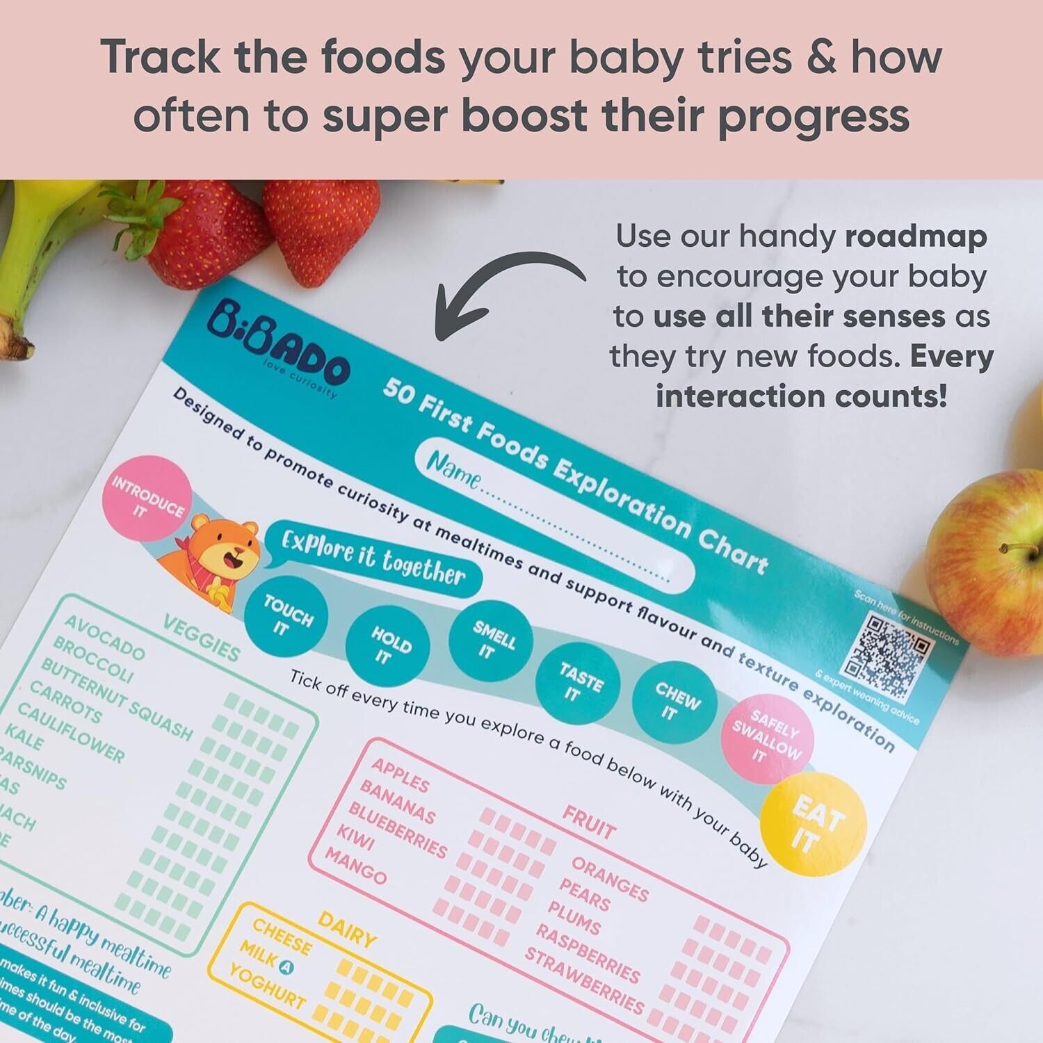 BIBaDO Baby Led Weaning Poster. - 50 First Feeding Exploration Food Chart