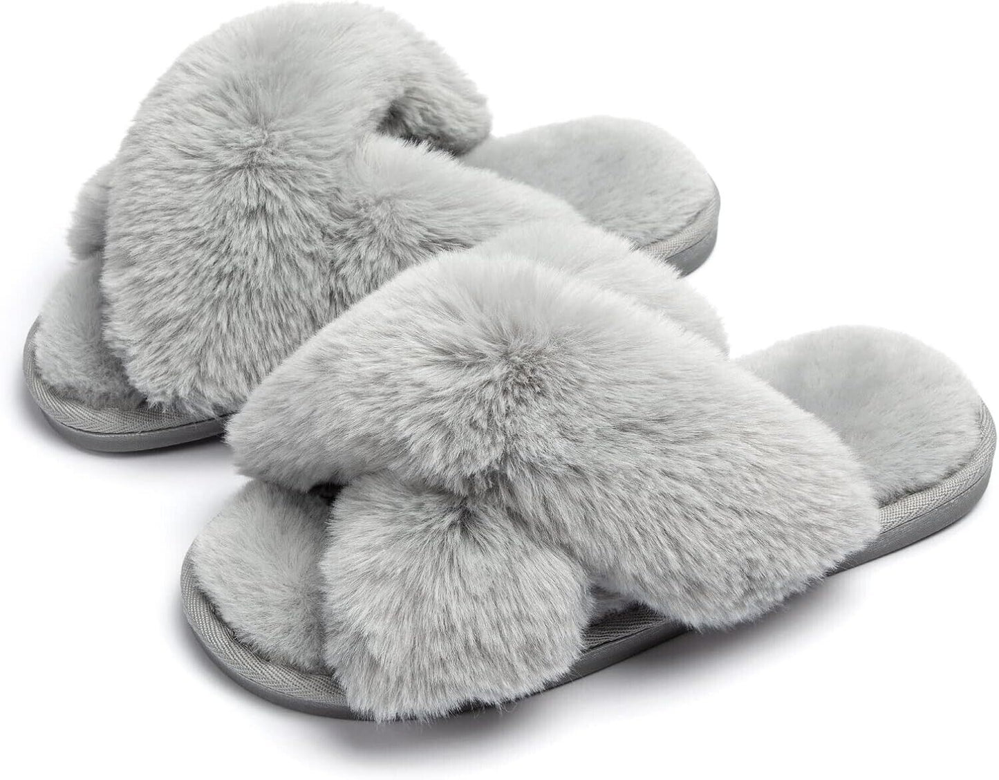 JaneTroides Women Fuzzy Slippers Cross Band Soft Plush Cozy House Shoes Open Toe