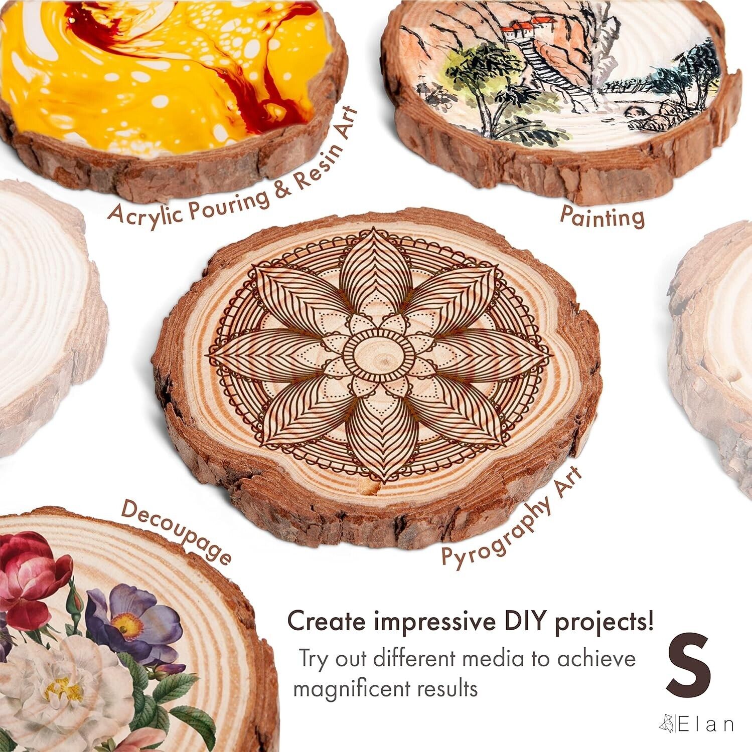 Elan Wood Slice 6-8cm Diameter 45 pcs, Natural Wood Slices for Crafts