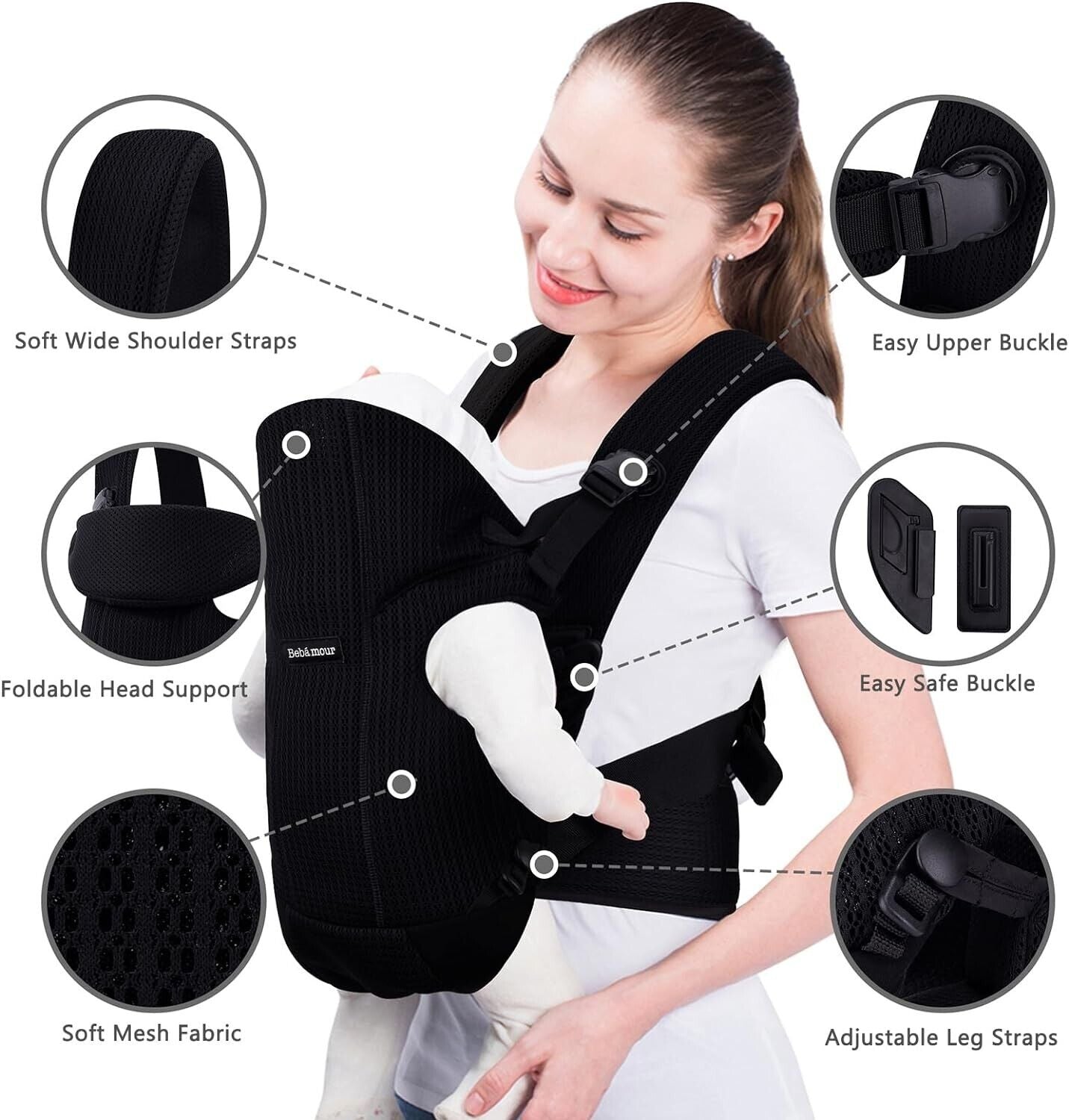 Bebamour Baby Carrier Front and Back Baby Carrier with 2 Shoulder Bibs, Black