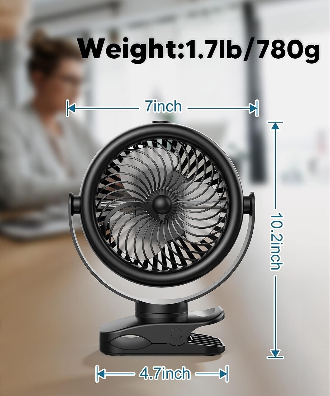 POWERbeast Clip On Fan, 4000mAh Portable Pram Fan, 7'' Fan USB