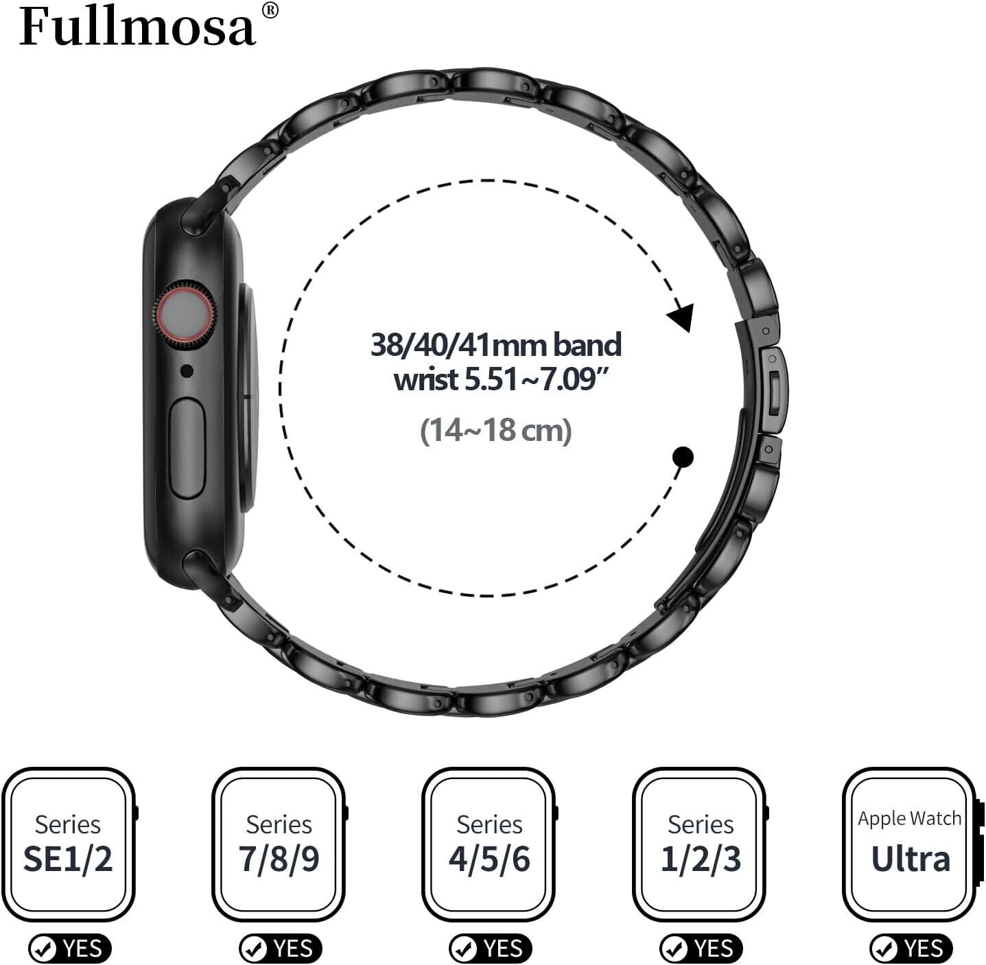 Fullmosa Black Apple Watch Straps 38mm 40mm 41mm Metal iWatch Strap Stainles