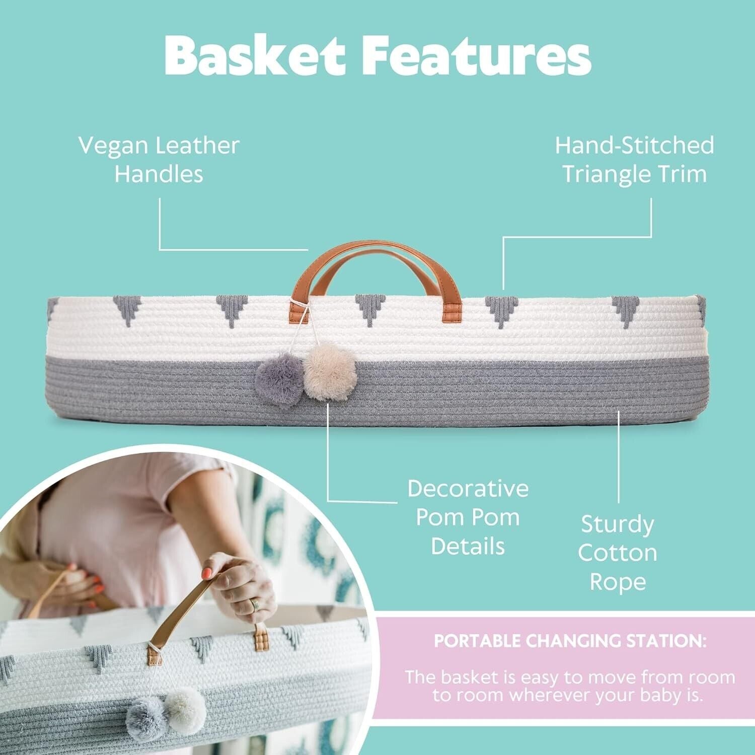 Vesta Baby Woven Cotton Rope Moses Changing Basket - Neutral Boho Grey & Biege