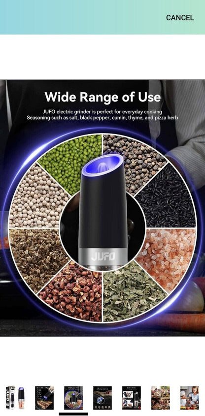 JUFO Gravity Electric Salt or Pepper Grinder with LED Light, Adjustable...