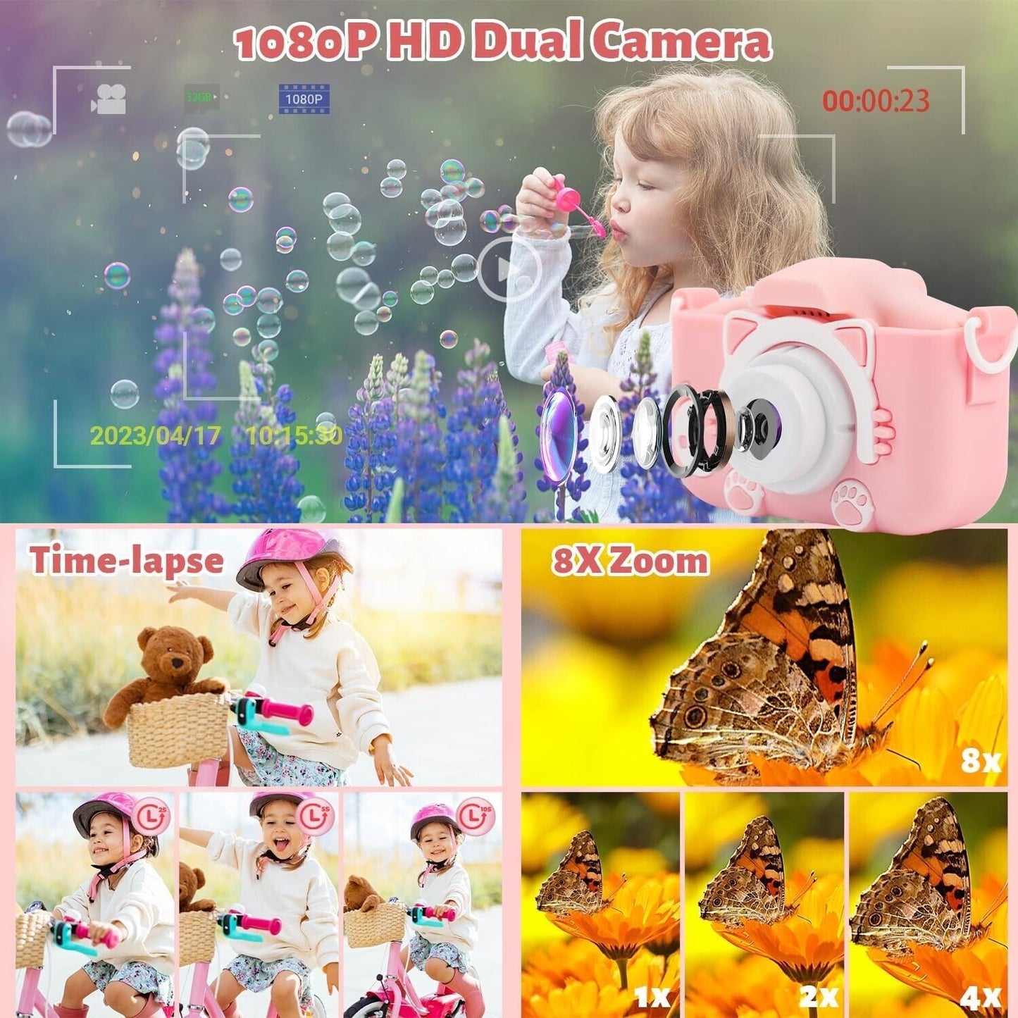 Kids Digital Camera for Girls,1080P HD 2.0 Inch Screen, Silicone Case, 32 GB SD