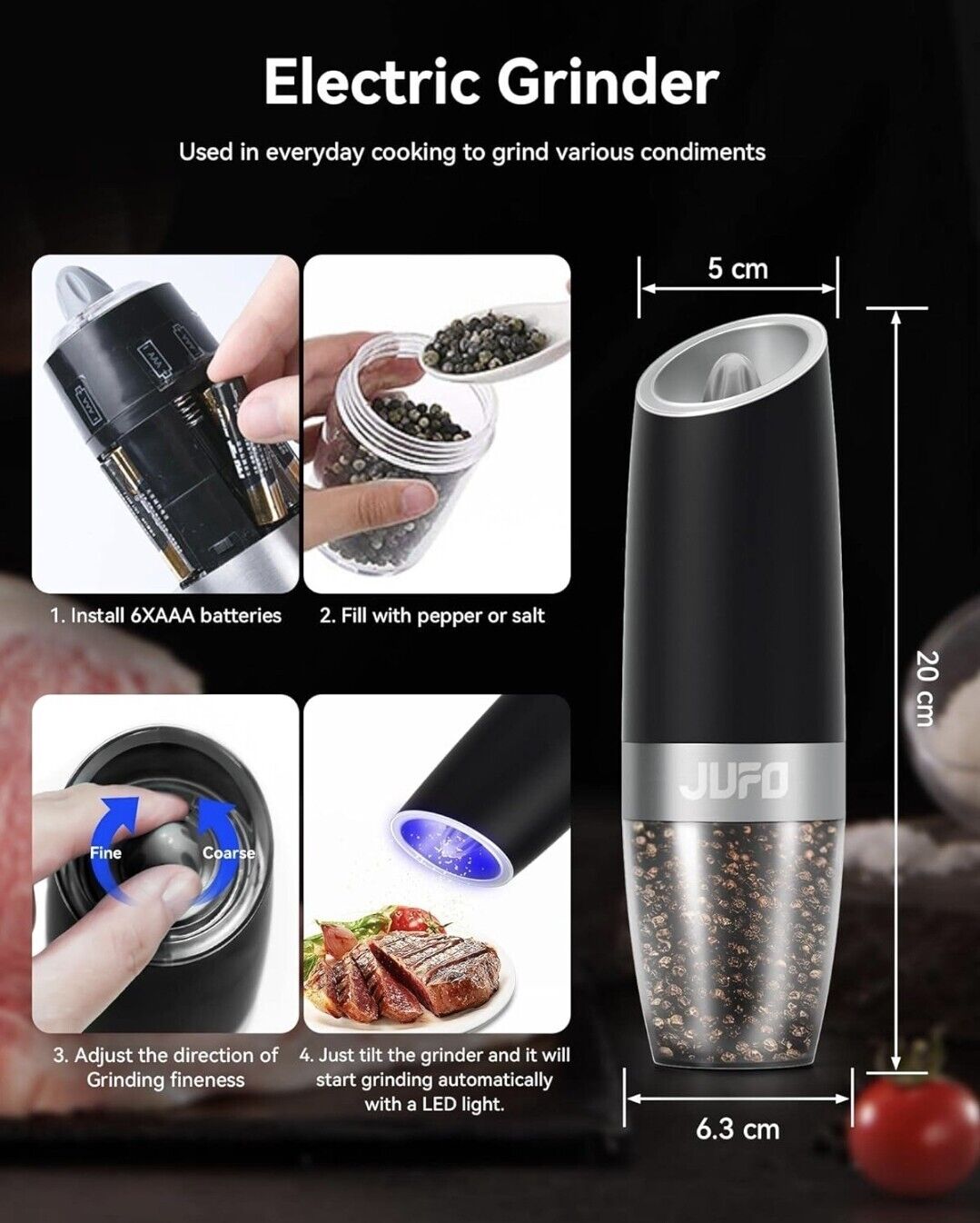 JUFO Gravity Electric Salt or Pepper Grinder with LED Light, Adjustable...