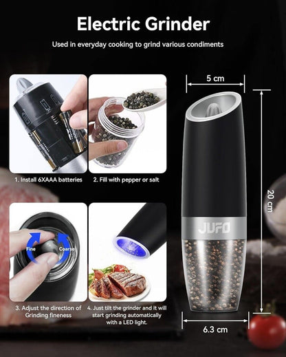 JUFO Gravity Electric Salt or Pepper Grinder with LED Light, Adjustable...