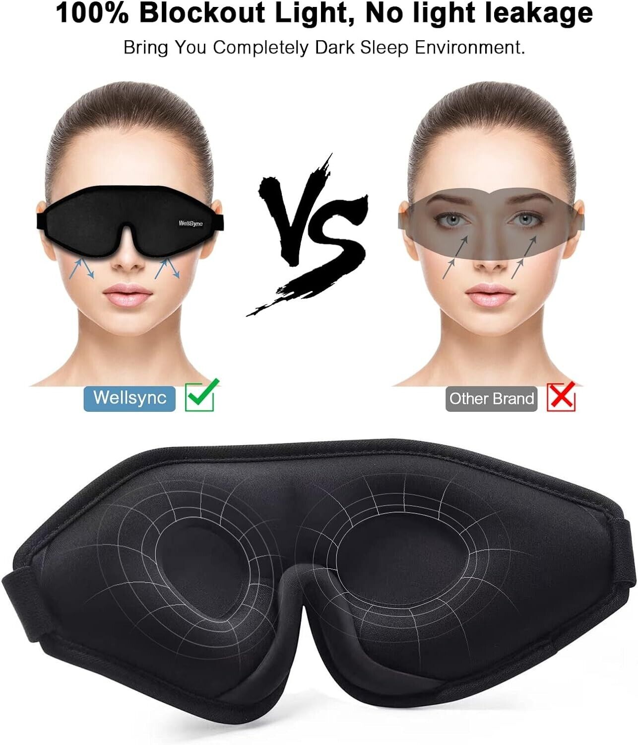 WellSync Sleep Eye Mask, 3D Contoured Cup Sleeping Mask Blindfold (Black) 