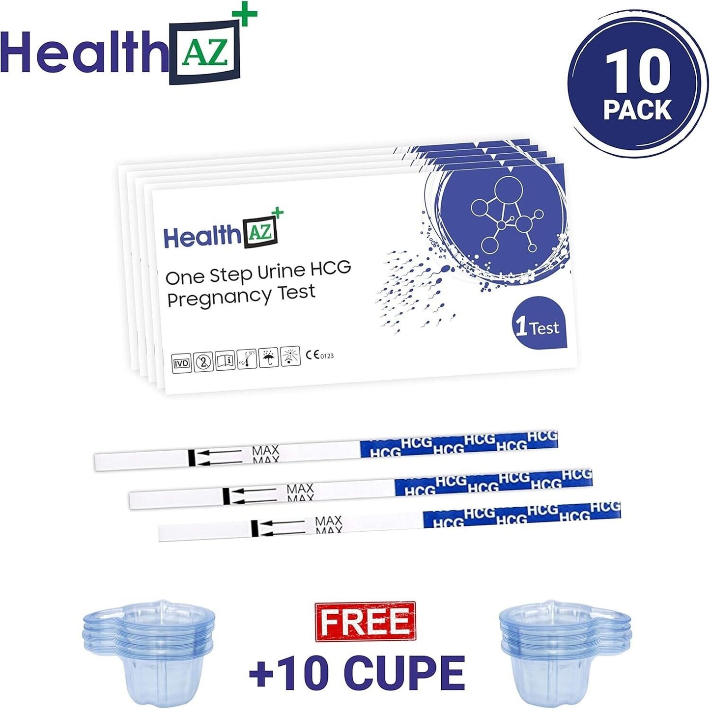 HealthAZ 10x Pregnancy Test Strips (HCG10) with 10pcs Urine Cups, Reliable...