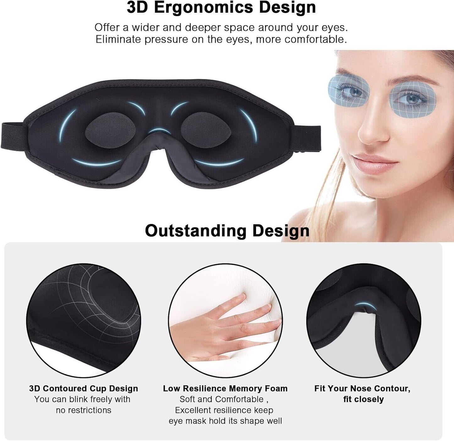 WellSync Sleep Eye Mask, 3D Contoured Cup Sleeping Mask Blindfold (Black) 