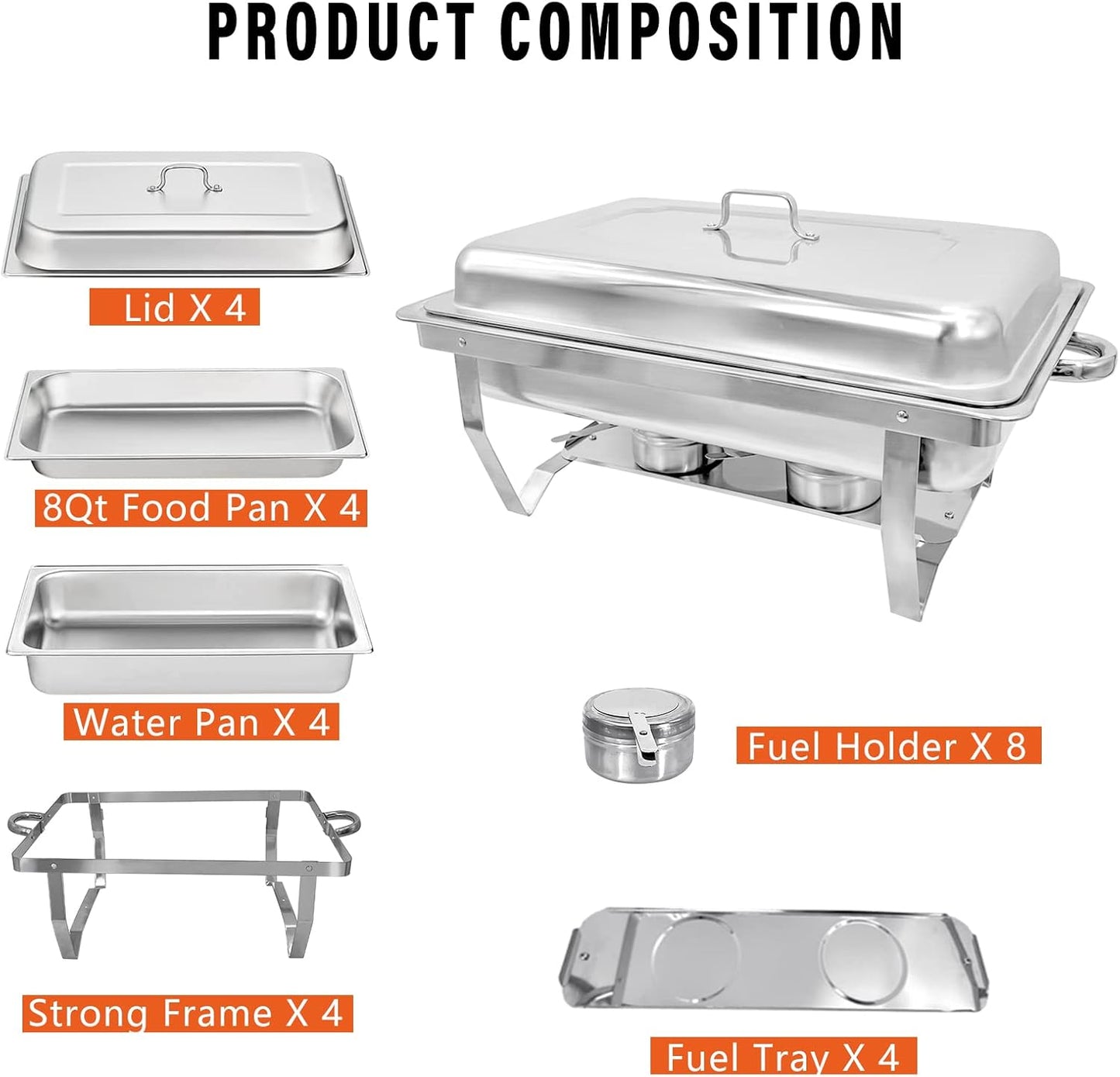 8 Qt Chafing Dish Stainless Steel Silver Rectangular Catering Food Warmer with Trays Pan Lid Folding Frame Stand for Banquet Dining Kitchen Party