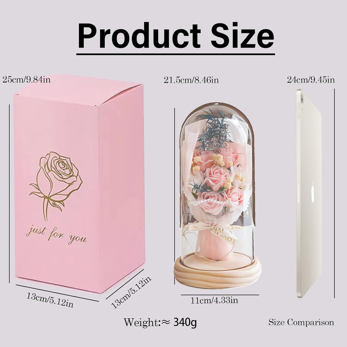 Artificial Roses in Glass Dome with LED Lights, Gift for Mum, Women & Grandma [Pink]