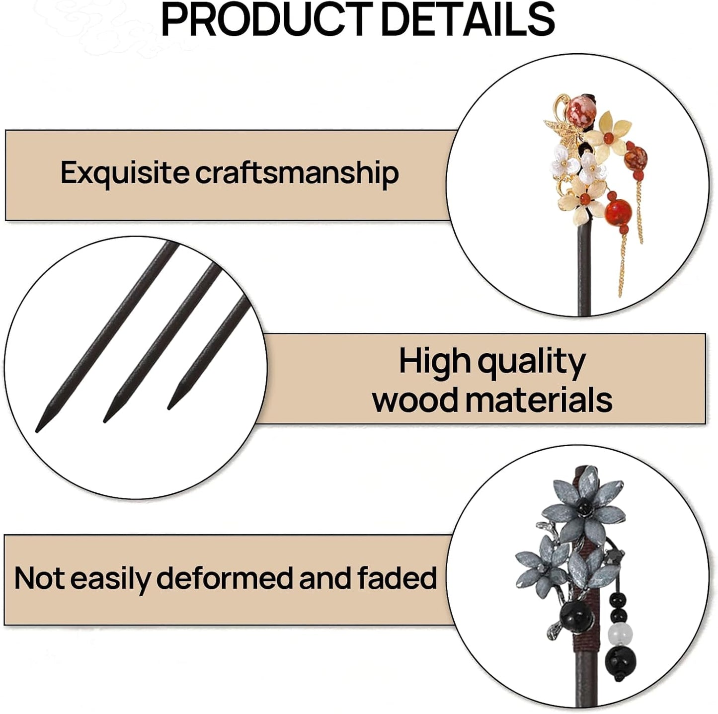 5 Pack Chinese Wood Hair Sticks With Tassel, Dangling Crystal Beads, Charm Fork - Long Straight Chopstick Picks for Twist Bun Holder - Women's Accessories