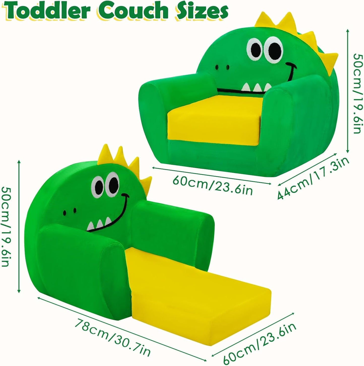 Kids Sofa Bed Dinosaur 2-in-1 Foldable Toddler Couch for Girls Boys Green